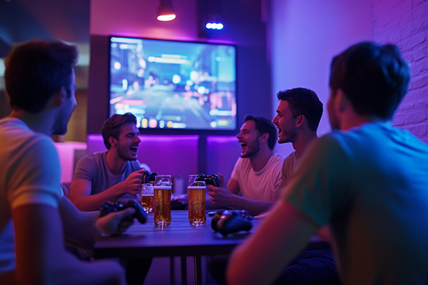 male friends playing videogames at a table