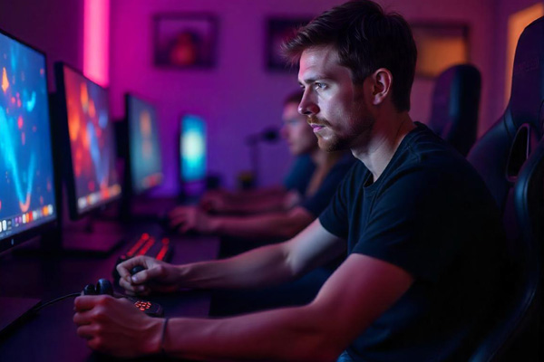 man playing pc games