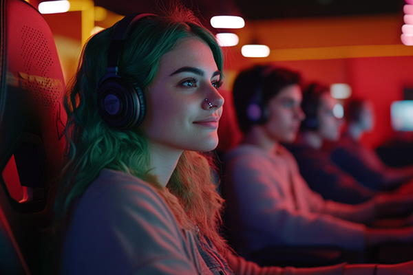 woman with green hair playing pc games