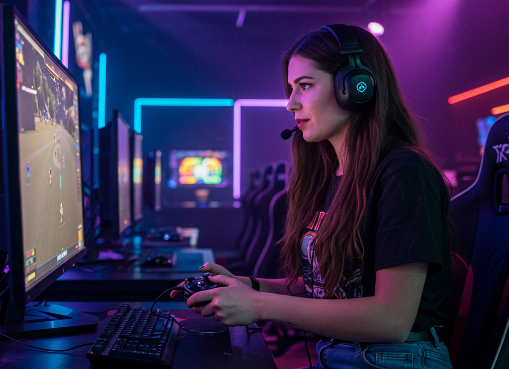 Woman playing pc games