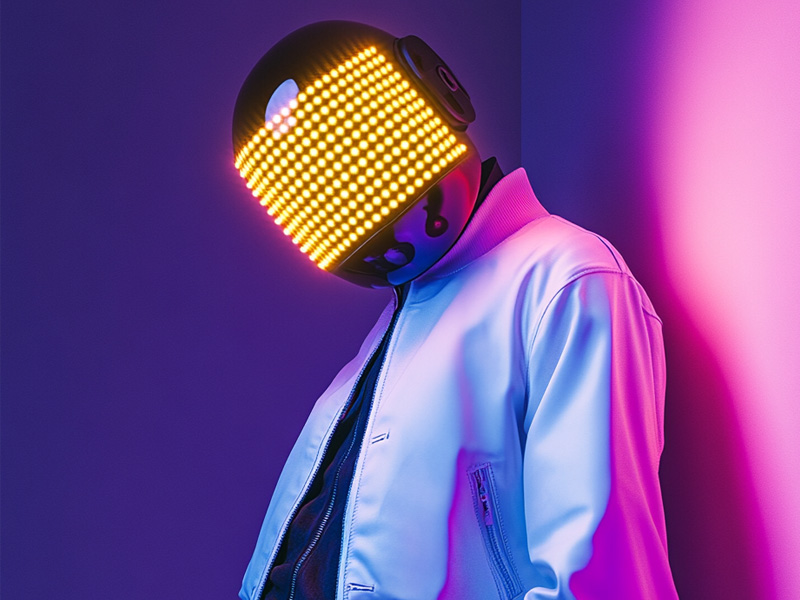 dj pixelvawe in helmet with neon lights