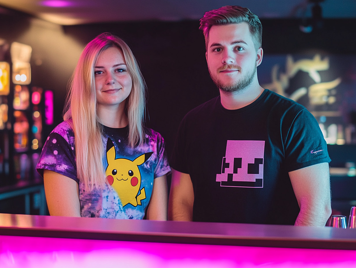 Female and male geeky bartenders
